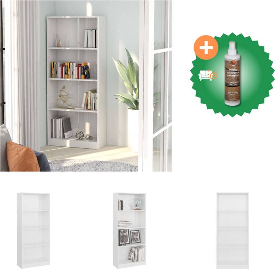 VidaXL Boekenkast 4 schappen 60x24x142 cm bewerkt hout hoogglans wit Kast Inclusief Houtreiniger en verfrisser