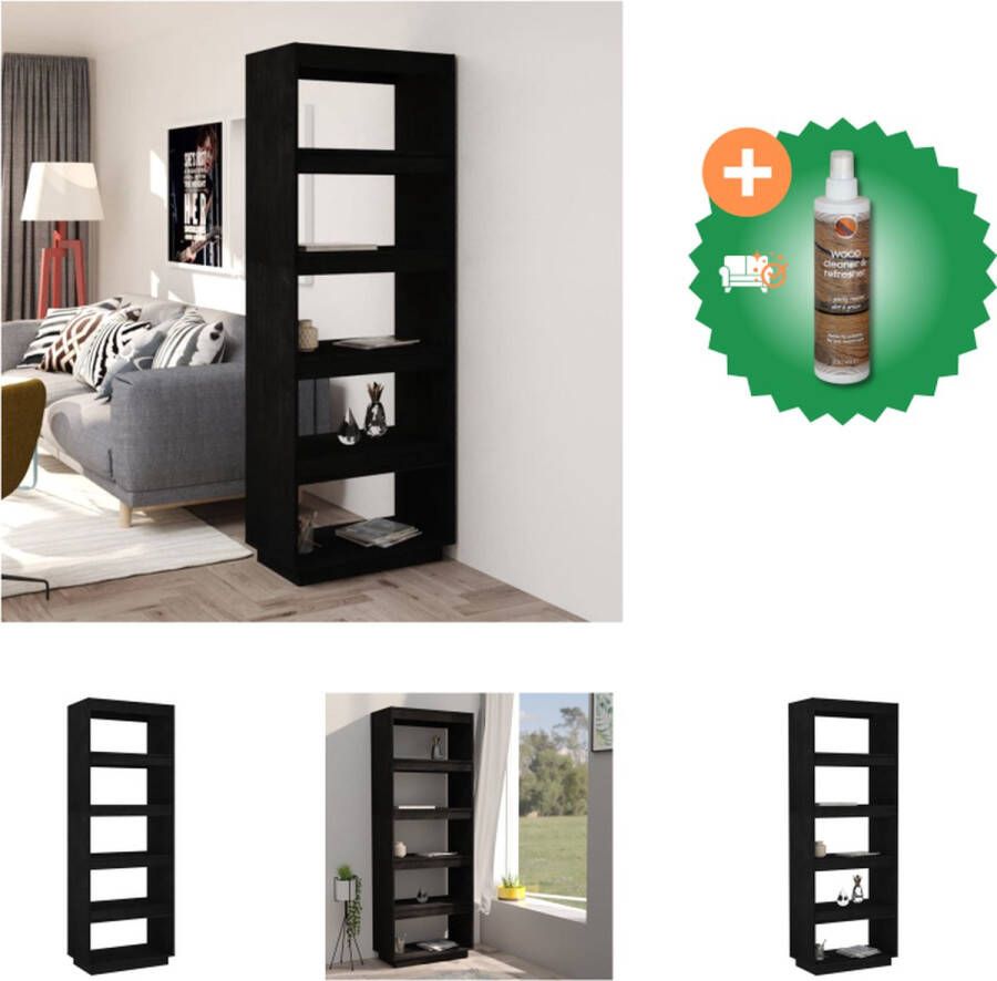 VidaXL Boekenkast Grenenhout 60x35x167 cm Zwart Montage vereist Geschikt als kamerscherm Kast Inclusief Houtreiniger en verfrisser