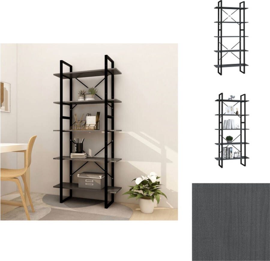 The Living Store Boekenkast Grenenhout en metaal 80x30x105 cm en 80x30x70 cm Grijs Bibliotheek Boekenplank Grenoble Hout Industrieel Design Grijze Boekenkast - Foto 2