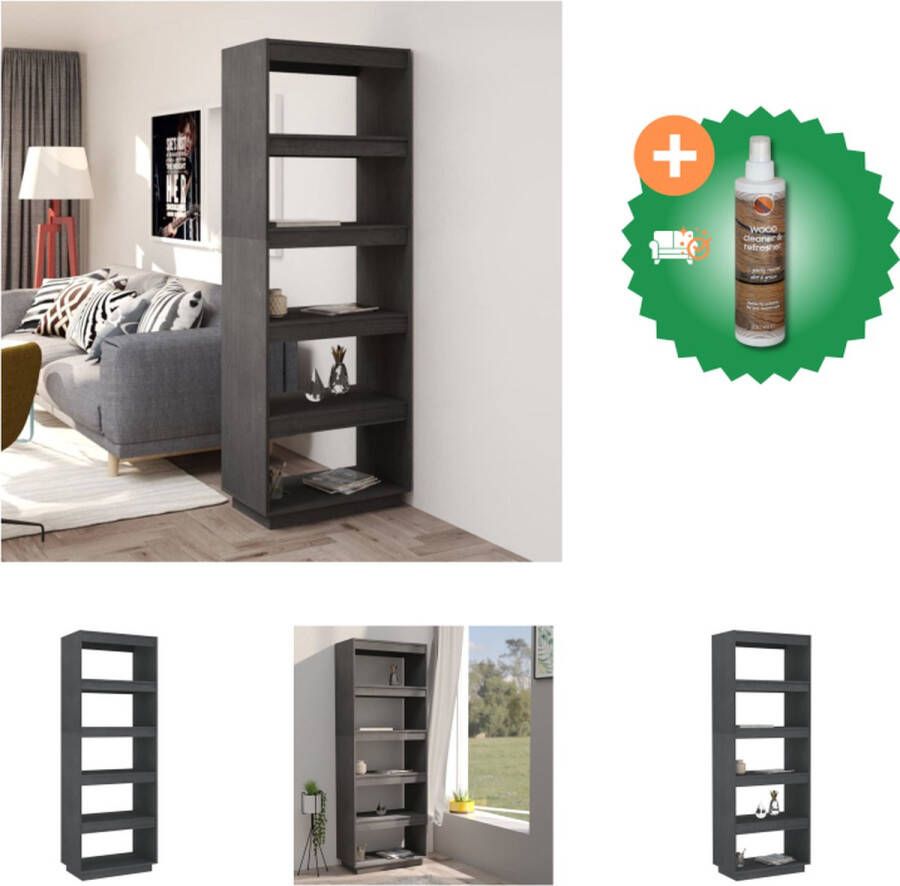 VidaXL Boekenkast Grijs Massief Grenenhout 60 x 35 x 167 cm Decoratief en Praktisch Montage vereist Kast Inclusief Houtreiniger en verfrisser