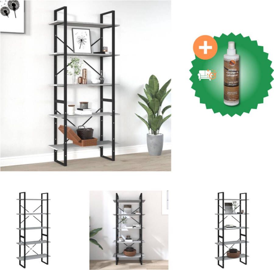 VidaXL Boekenkast Grijs Sonoma Eiken Opbergkast 5 Schappen Stabiel Bewerkt Hout en Metaal 80x30x175 cm Kast Inclusief Houtreiniger en verfrisser