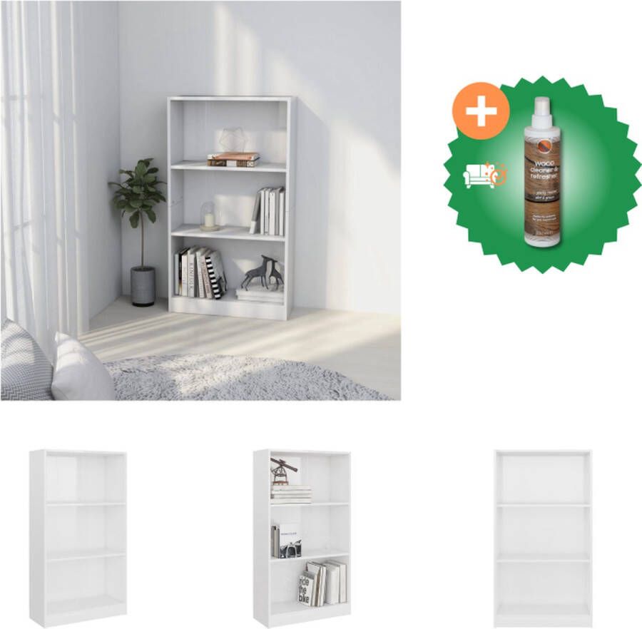 VidaXL Boekenkast 3 schappen 60x24x109 cm bewerkt hout hoogglans wit Kast Inclusief Houtreiniger en verfrisser