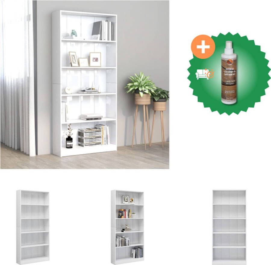 VidaXL Boekenkast 5 schappen 80x24x175 cm bewerkt hout hoogglans wit Kast Inclusief Houtreiniger en verfrisser