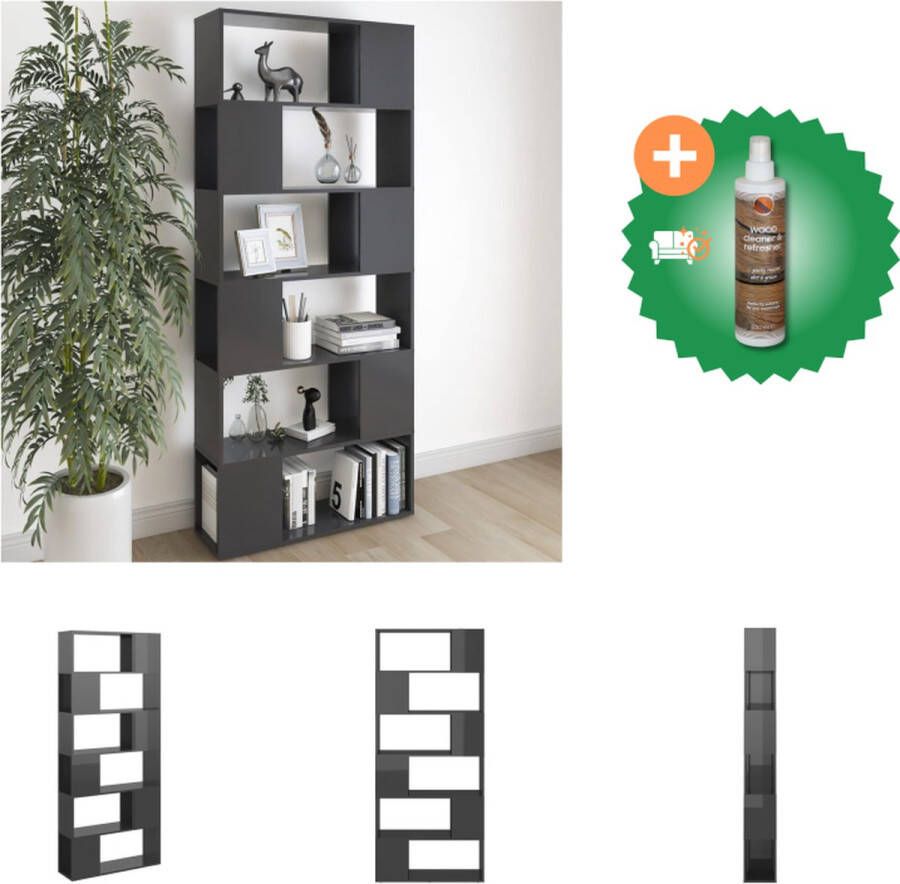 VidaXL Boekenkast kamerscherm 80x24x186 cm spaanplaat hoogglans grijs Kast Inclusief Houtreiniger en verfrisser
