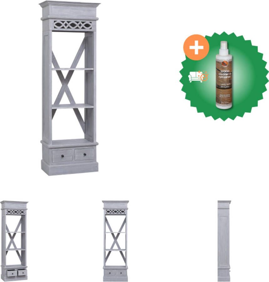 VidaXL Boekenkast Massief Mahoniehout Greywash 60 x 30 x 175 cm Met 3 Vakken en 2 Lades Kast Inclusief Houtreiniger en verfrisser