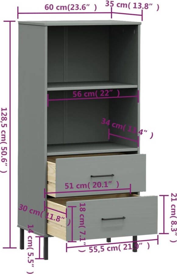 VidaXL -Boekenkast-met-2-lades-OSLO-60x35x128 5-cm-massief-hout-grijs - Foto 2