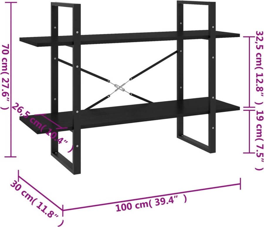 VidaXL -Boekenkast-met-2-schappen-100x30x70-cm-massief-grenenhout-zwart - Foto 3