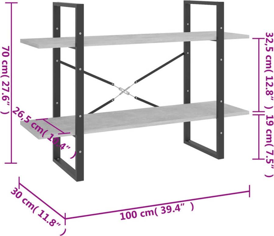 VidaXL Boekenkast met 2 schappen 100x30x70 cm bewerkt hout betongrijs - Foto 3