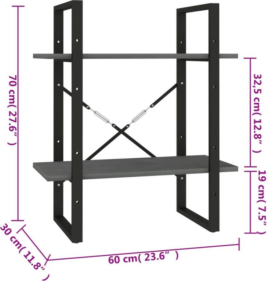 VidaXL -Boekenkast-met-2-schappen-60x30x70-cm-massief-grenenhout-grijs - Foto 3