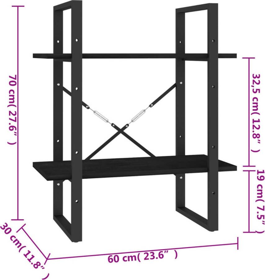 VidaXL -Boekenkast-met-2-schappen-60x30x70-cm-massief-grenenhout-zwart - Foto 3