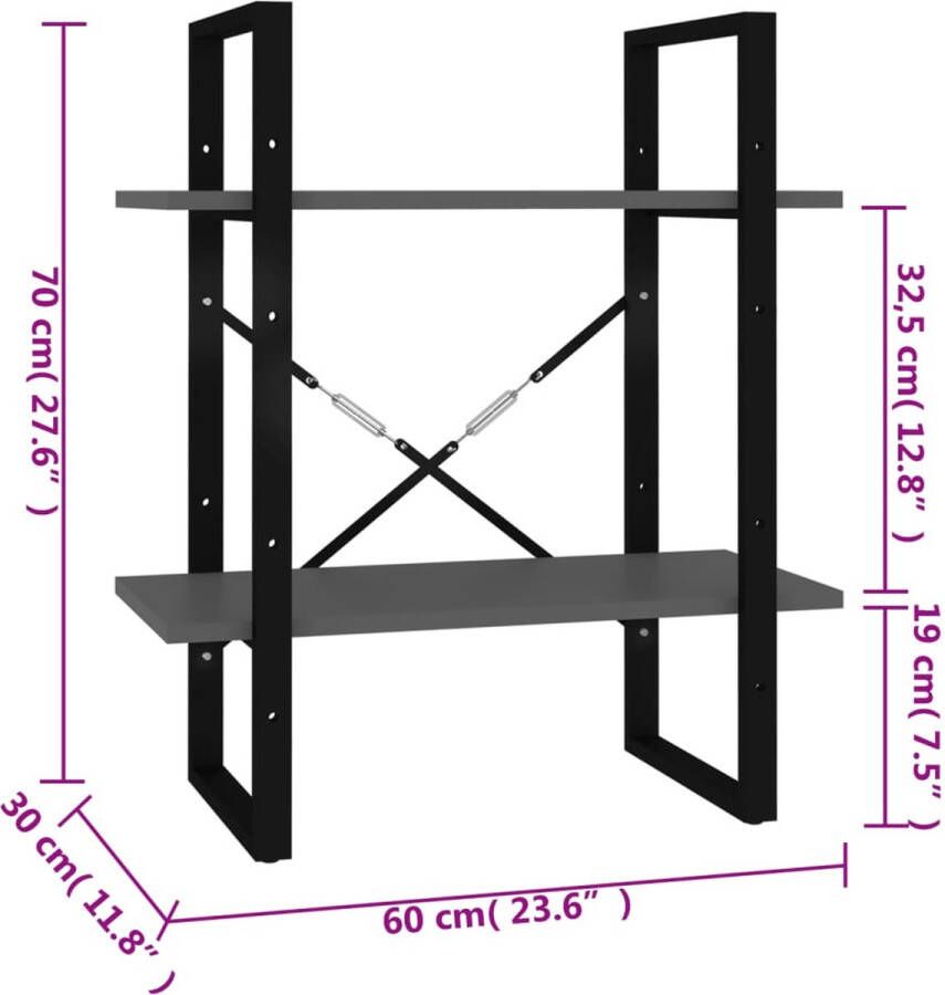 VidaXL -Boekenkast-met-2-schappen-60x30x70-cm-bewerkt-hout-grijs - Foto 3