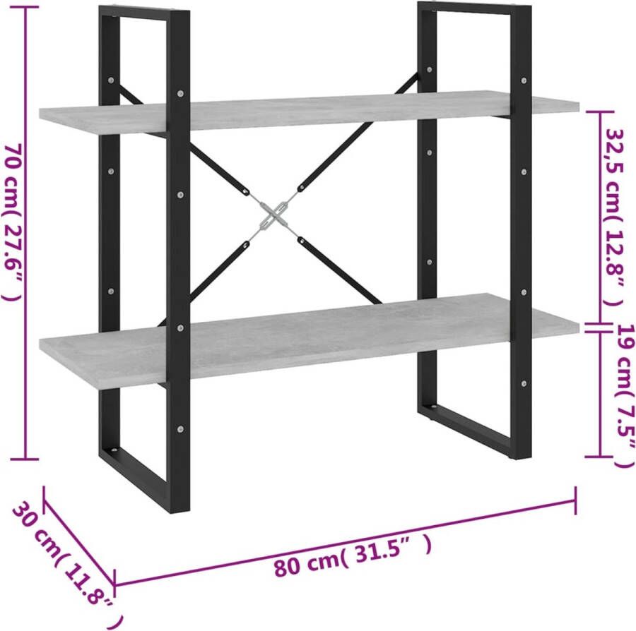 VidaXL Boekenkast met 2 schappen 80x30x70 cm bewerkt hout betongrijs - Foto 2