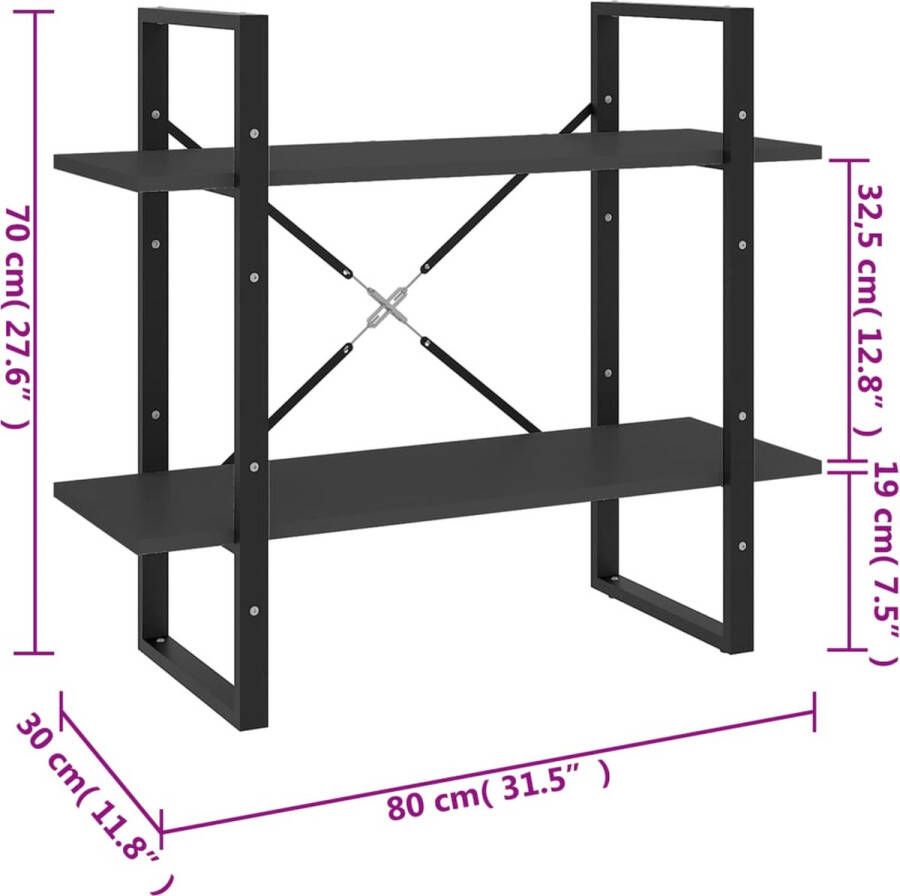 VidaXL Boekenkast met 2 schappen 80x30x70 cm bewerkt hout grijs - Foto 2