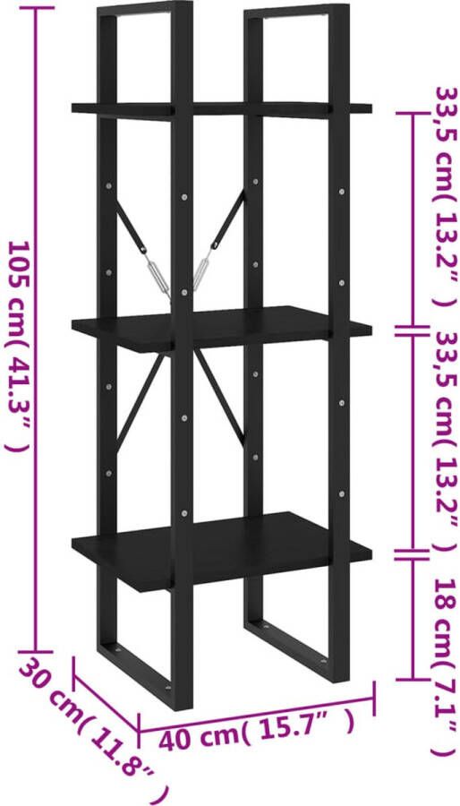 VidaXL -Boekenkast-met-3-schappen-40x30x105-cm-massief-grenenhout-zwart - Foto 2