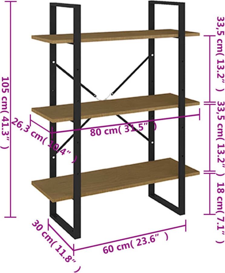 VidaXL -Boekenkast-met-3-schappen-80x30x105-cm-massief-grenenhout-bruin - Foto 2