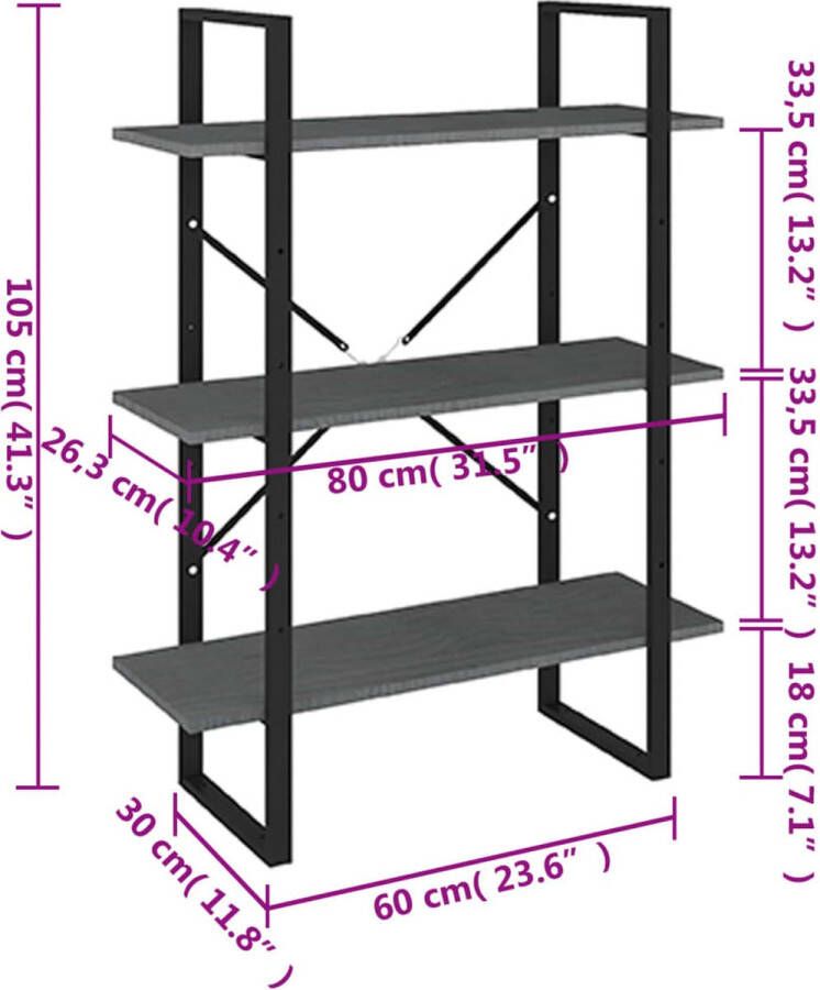 VidaXL -Boekenkast-met-3-schappen-80x30x105-cm-massief-grenenhout-grijs - Foto 3