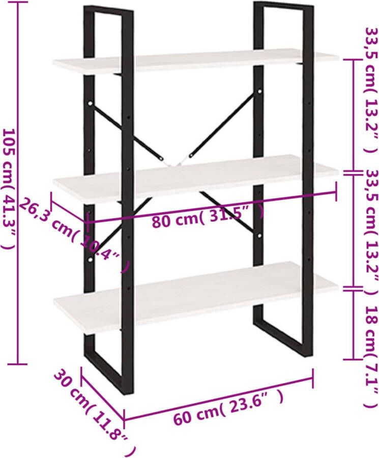 VidaXL -Boekenkast-met-3-schappen-80x30x105-cm-massief-grenenhout-wit - Foto 4