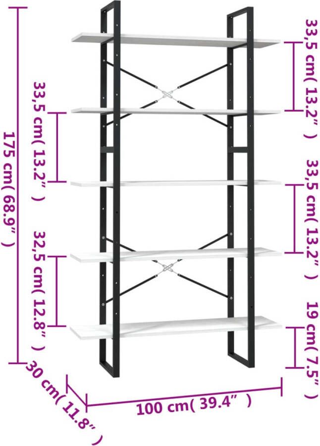 VidaXL -Boekenkast-met-5-schappen-100x30x175-cm-grenenhout-wit - Foto 3