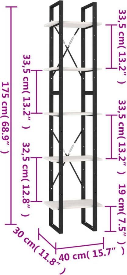 VidaXL -Boekenkast-met-5-schappen-40x30x175-cm-grenenhout-wit - Foto 3