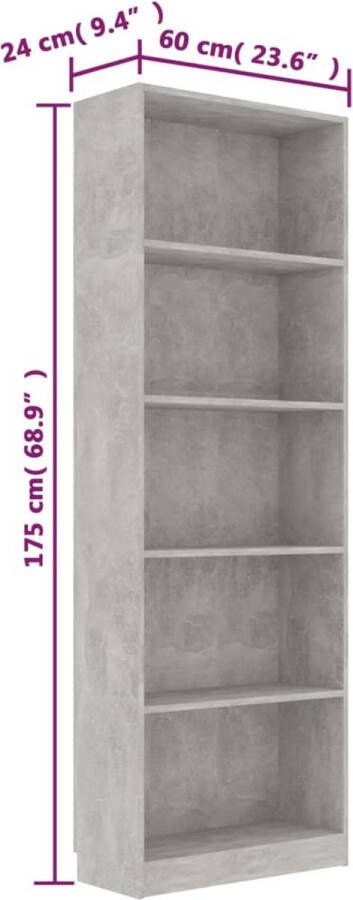 VidaXL -Boekenkast-met-5-schappen-60x24x175-cm-bewerkt-hout-betongrijs - Foto 2