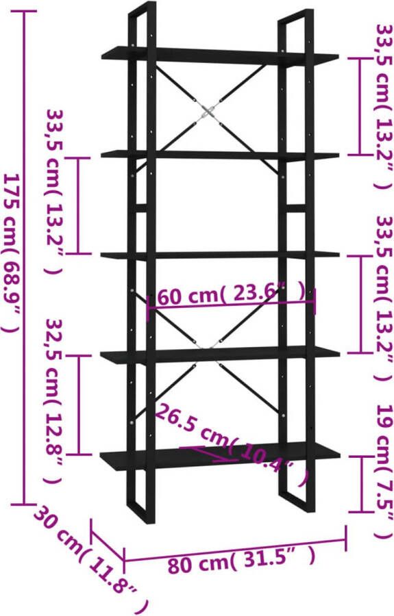 VidaXL -Boekenkast-met-5-schappen-80x30x175-cm-bewerkt-hout-zwart - Foto 2