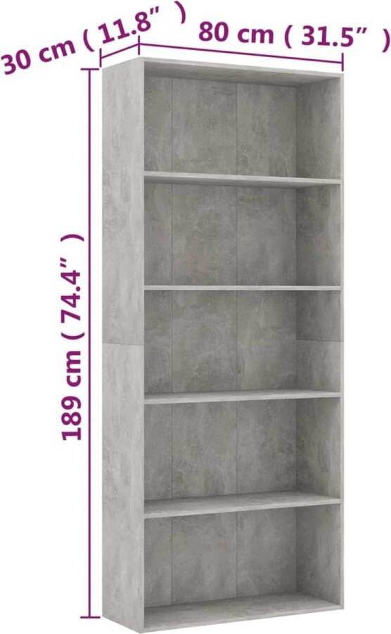 VidaXL -Boekenkast-met-5-schappen-80x30x189-cm-bewerkt-hout-betongrijs - Foto 2