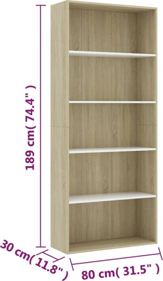 VidaXL Boekenkast met 5 schappen 80x30x189 cm spaanplaat wit en eiken