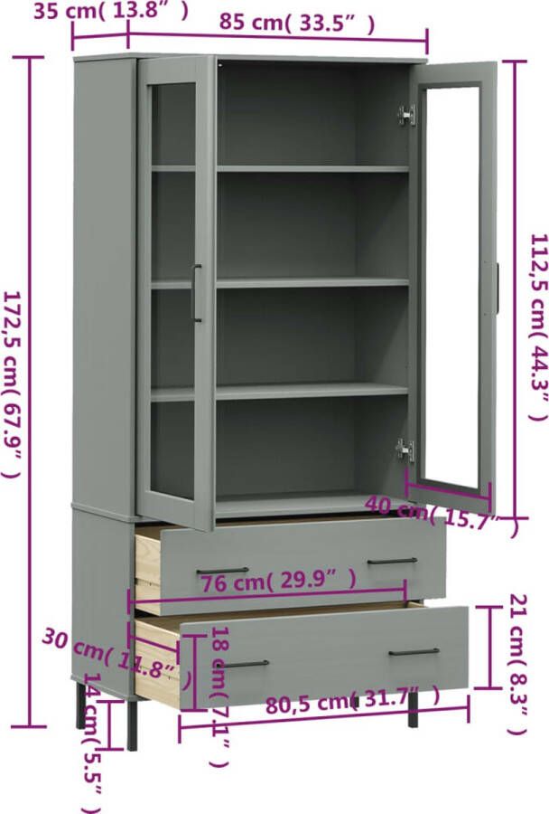 VidaXL -Boekenkast-met-metalen-poten-OSLO-85x35x172 5-cm-hout-grijs - Foto 2