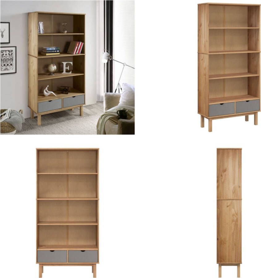 VidaXL Boekenkast OTTA 2 lades massief grenenhout bruin en grijs Boekenkast Boekenkasten Boekenschap Boekenstandaard