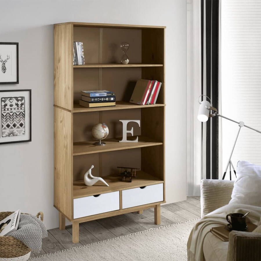 VidaXL -Boekenkast-OTTA-2-lades-massief-grenenhout-bruin-en-wit