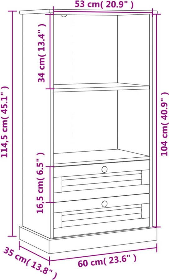 VidaXL -Boekenkast-VIGO-60x35x114 5-cm-massief-grenenhout-wit