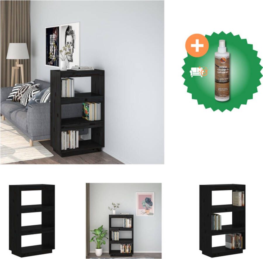 VidaXL Boekenkast Zwart Massief Grenenhout 60x35x103 cm Kan gebruikt worden als kamerscherm Kast Inclusief Houtreiniger en verfrisser