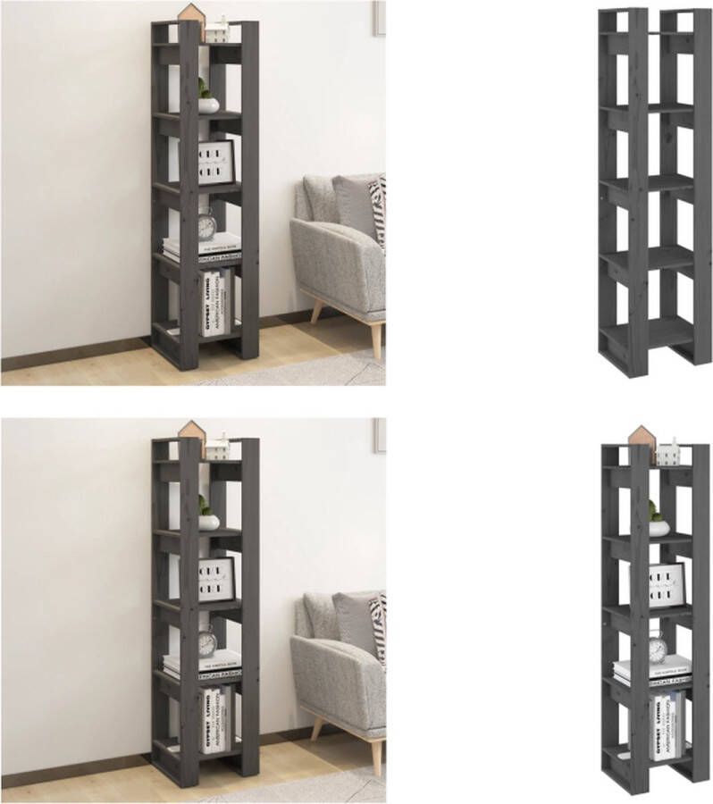 VidaXL Boekenkast kamerscherm 41x35x160 cm massief grenenhout grijs Boekenkast Boekenkasten Opbergkast Boekenrek