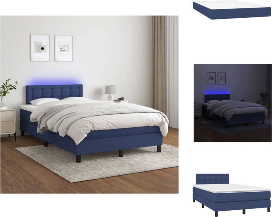 VidaXL Boxspring 120x200 cm Met LED verlichting Blauw stoffen bed met verstelbaar hoofdbord Duurzaam materiaal Pocketvering matras Huidvriendelijk topmatras Bed