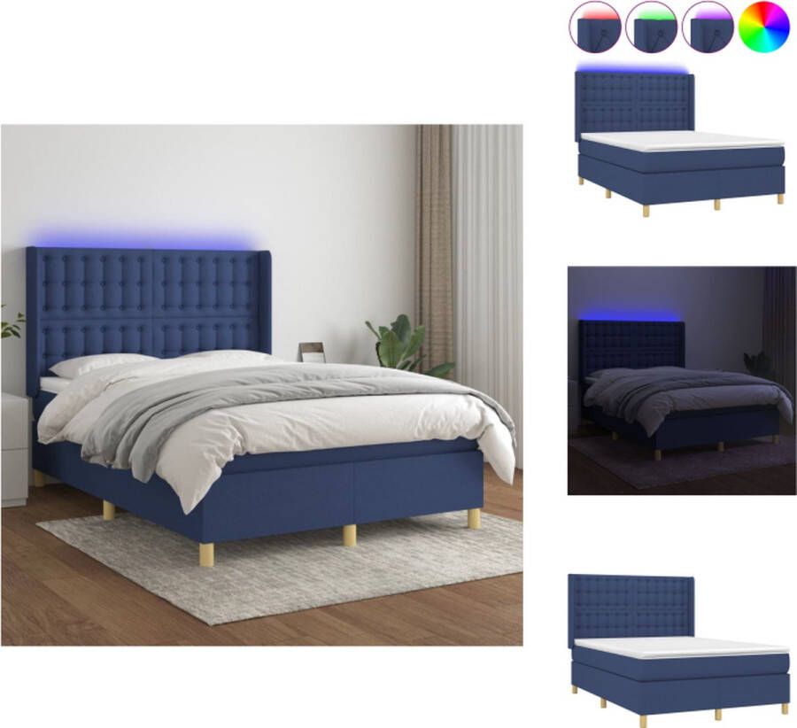 VidaXL Boxspring Bed 140x200 Blauw LED en Pocketvering Matras Bed