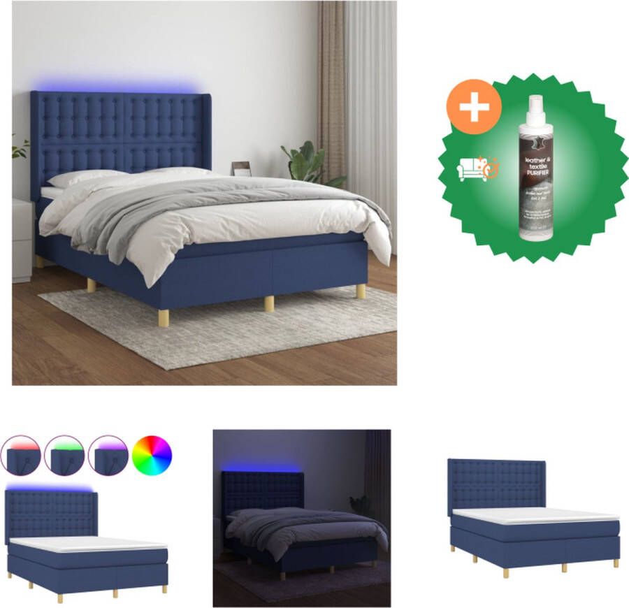 VidaXL Boxspring Bed 140x200 Blauw LED en Pocketvering Matras Bed Inclusief Reiniger