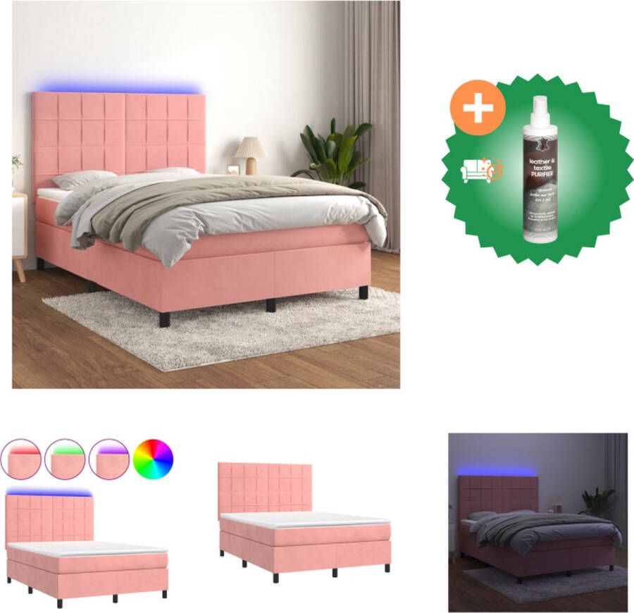 VidaXL Boxspring Bed 193x144x118 128cm Roze Fluweel Verstelbaar hoofdbord LED-verlichting Pocketvering matras Huidvriendelijk topmatras Bed Inclusief Reiniger