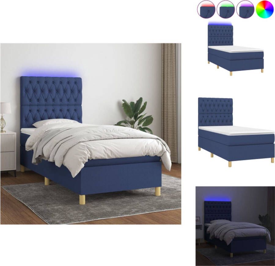 VidaXL Boxspring Bed 193x90x118 128 cm LED verlichting Pocketvering matras Huidvriendelijk topmatras Blauw Bed - Foto 1