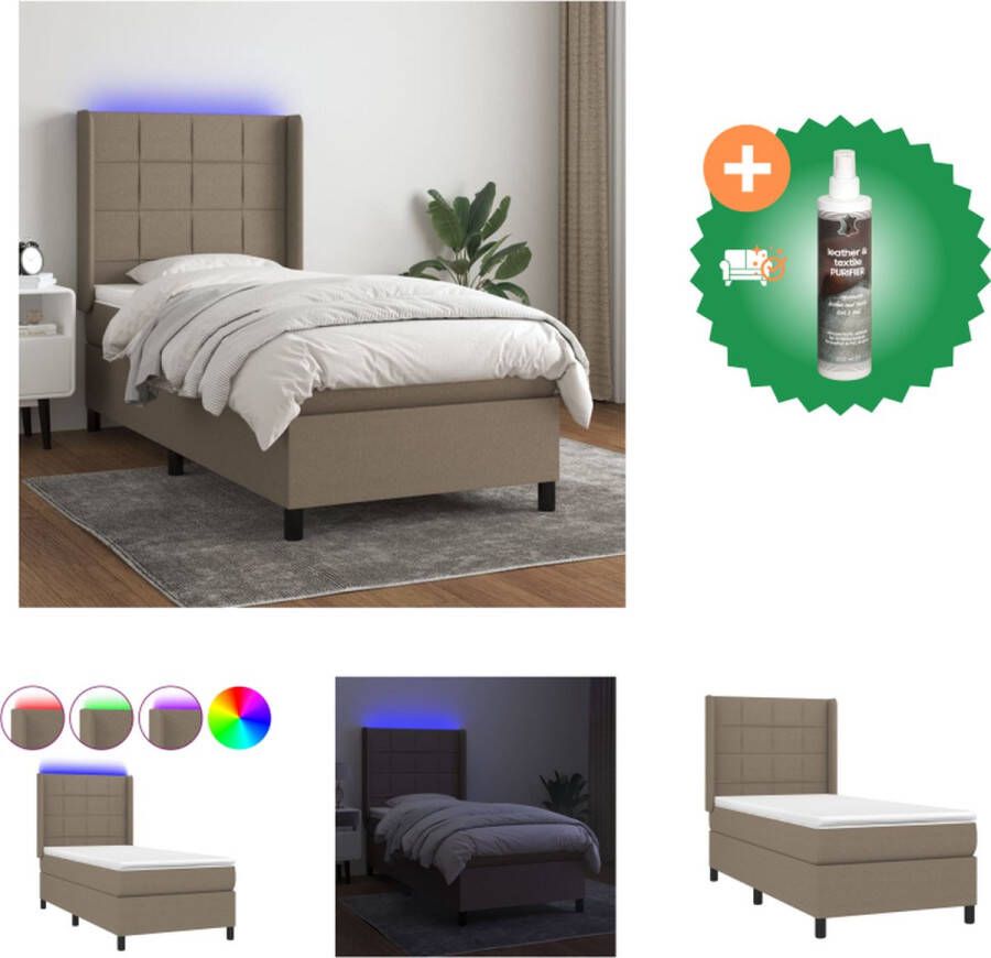 VidaXL Boxspring Bed 203 x 103 x 118 128 cm LED-verlichting Pocketvering matras Huidvriendelijk topmatras Taupe Bed Inclusief Reiniger