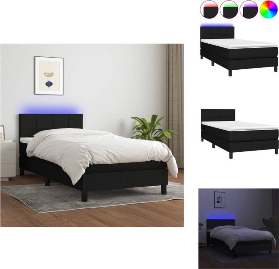 VidaXL Boxspring Bed 203 x 90 cm met LED-verlichting verstelbaar hoofdbord pocketvering matras en huidvriendelijk topmatras Zwart wit LED-strip inbegrepen Bed