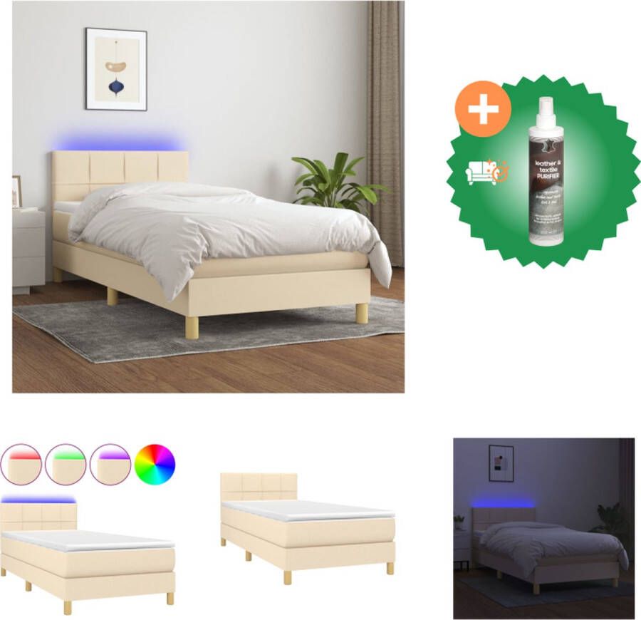 VidaXL Boxspring 90x200 crème stof verstelbaar hoofdbord met LED-licht pocketvering matras huidvriendelijk topmatras inclusief montagehandleiding en USB-aansluiting Bed Inclusief Reiniger - Foto 2
