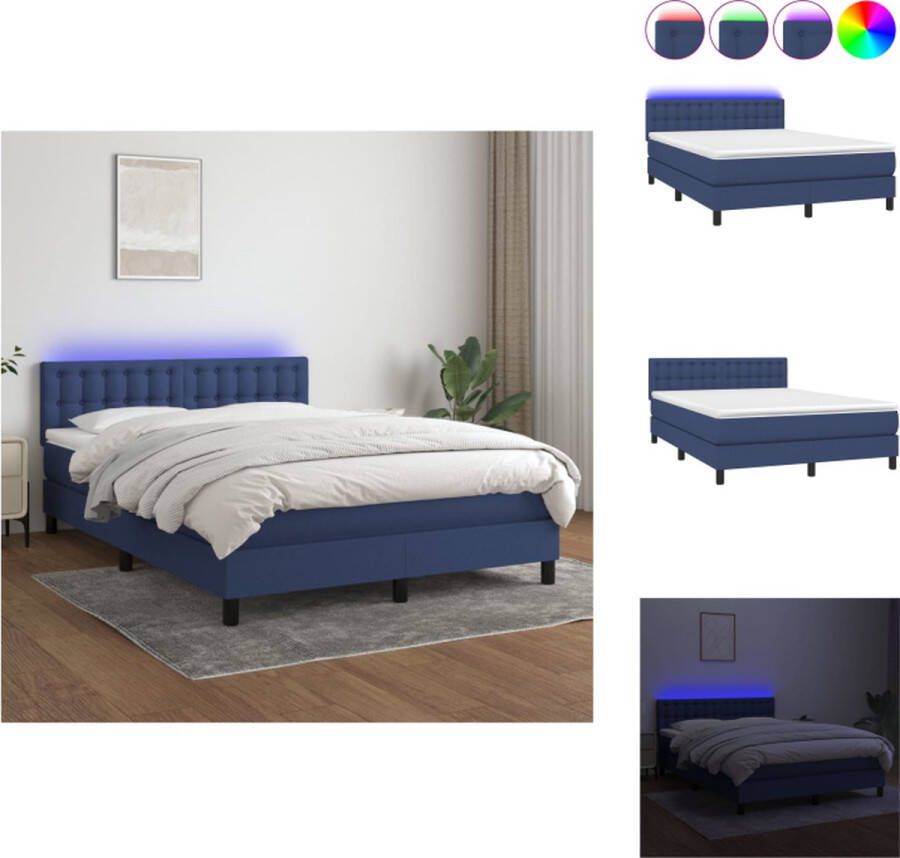 VidaXL Boxspring Bed blauw 140 x 190 cm LED-verlichting Bed - Foto 1