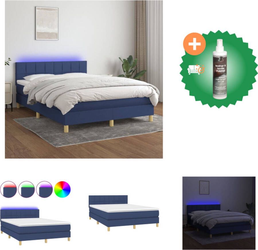 VidaXL Boxspring Bed Blauw 193 x 144 cm Verstelbaar hoofdbord Pocketvering matras Huidvriendelijk topmatras Kleurrijke LED-verlichting Bed Inclusief Reiniger