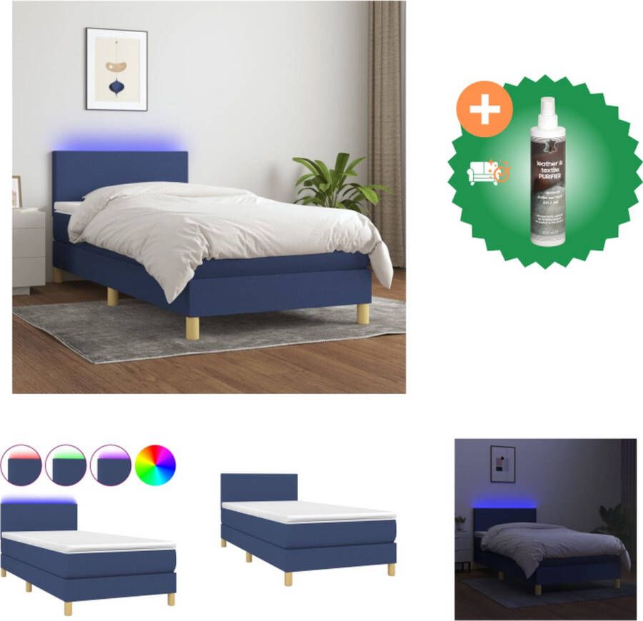 VidaXL Boxspring Bed Blauw 193 x 90 x 78 88 cm Verstelbaar hoofdbord LED-verlichting Pocketvering matras Huidvriendelijk topmatras Bed Inclusief Reiniger