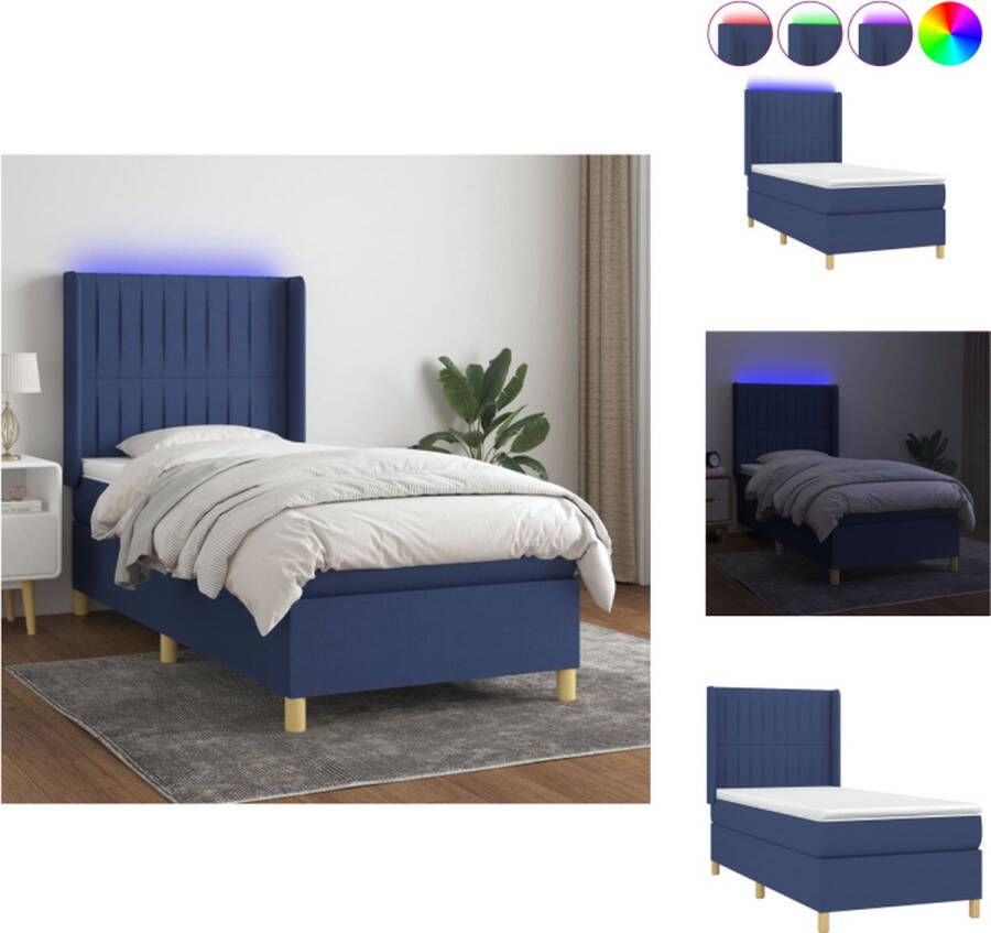 VidaXL Boxspring Bed Blauw 193 x 93 x 118 128 cm Met LED en Pocketvering Matras Huidvriendelijk Topmatras Inclusief Montagehandleiding Bed - Foto 1