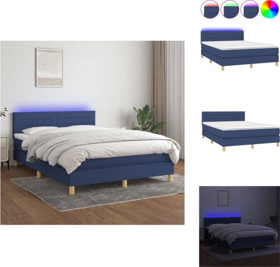 VidaXL Boxspring Bed Blauw 193x144x78 88 cm LED verlichting Pocketvering matras Huidvriendelijk topmatras USB-aansluiting Bed