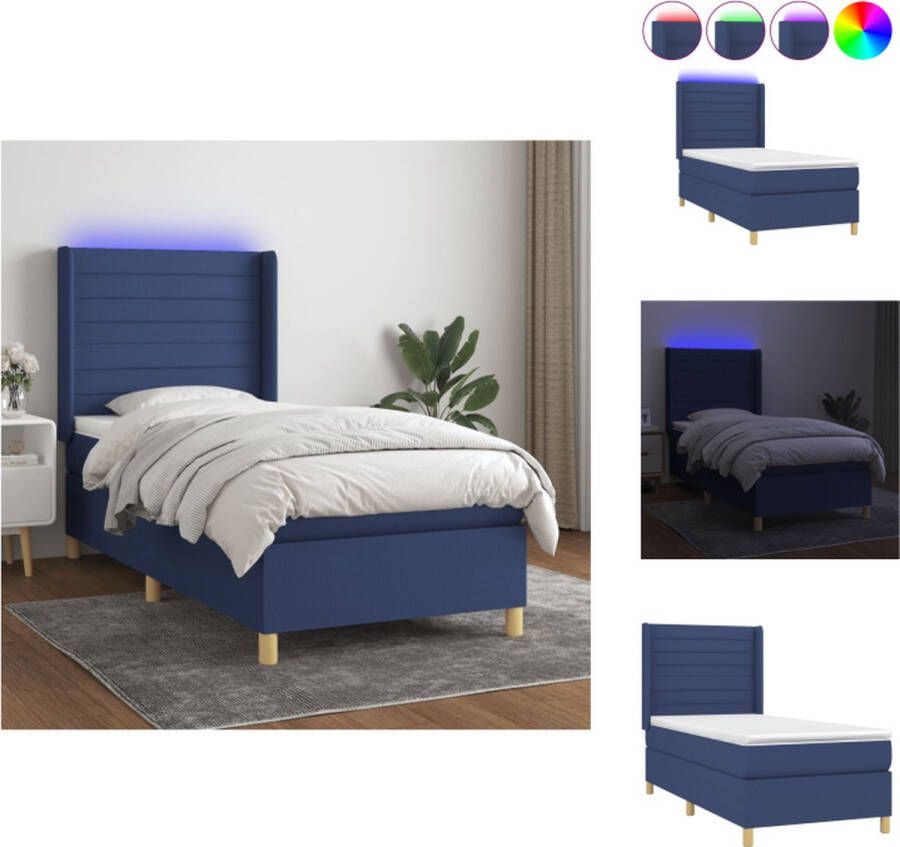 VidaXL Boxspring Bed Blauw 203 x 103 x 118 128 cm LED Pocketvering matras Huidvriendelijk topmatras Bed