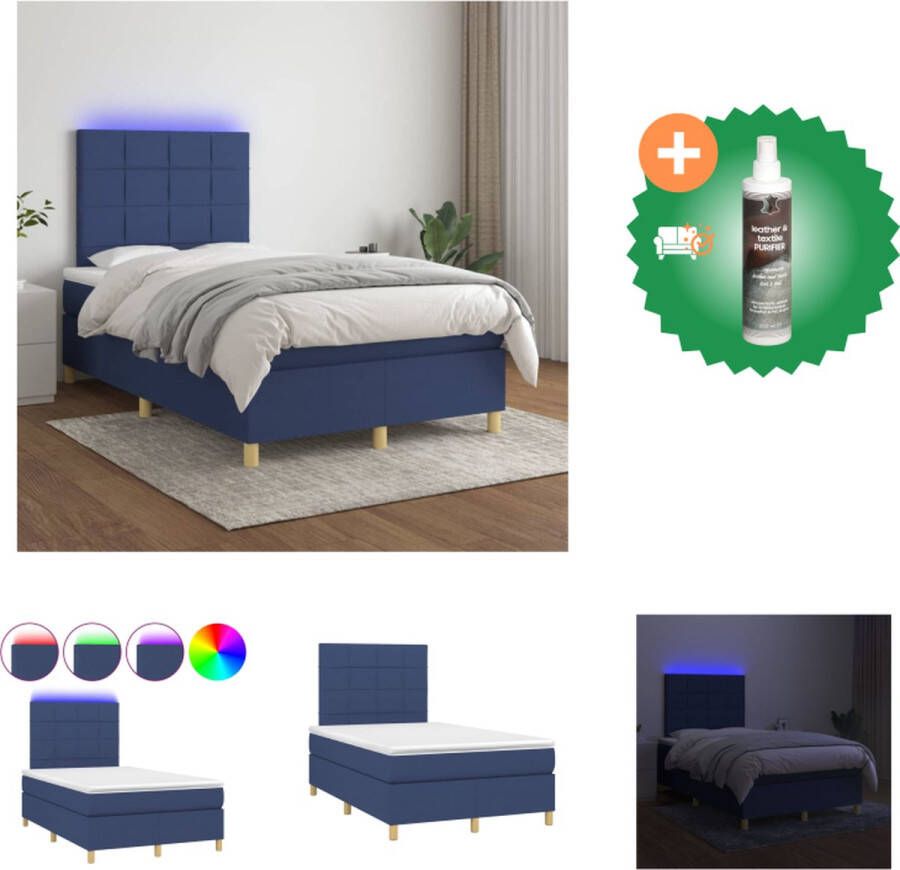 vidaXL Boxspring Bed Blauw 203 x 120 x 118 128 cm LED verlichting Pocketvering matras Huidvriendelijk topmatras Bed Inclusief Reiniger