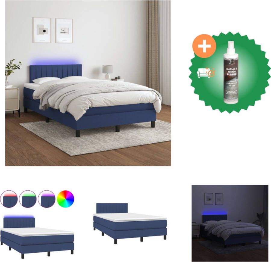 vidaXL Boxspring Bed Blauw 203 x 120 x 78 88 cm Met Verstelbaar Hoofdbord LED-verlichting en Pocketvering Matras Bed Inclusief Reiniger