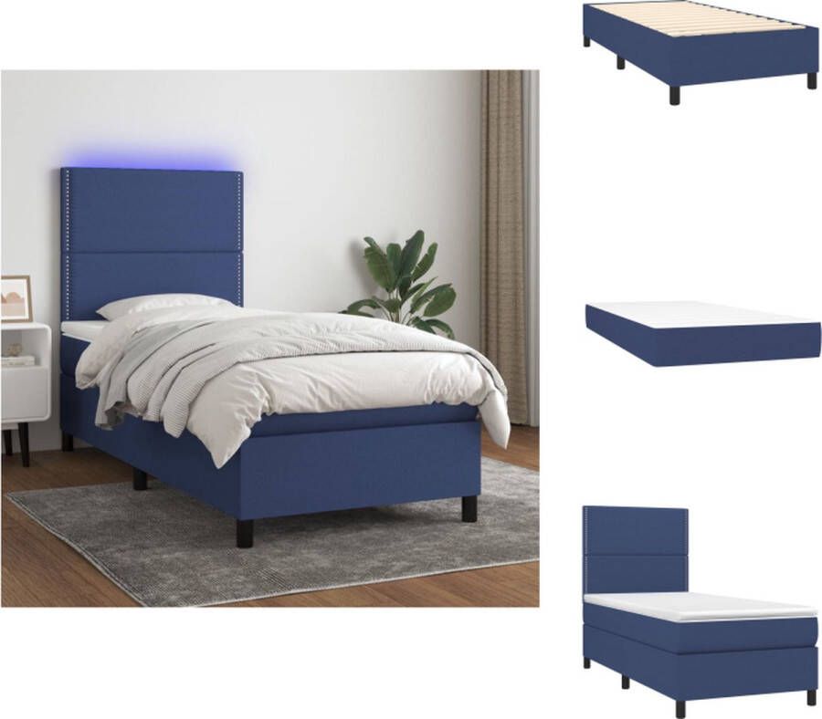 VidaXL Boxspring Bed Blauw 203 x 80 x 118 128 cm LED-verlichting Pocketvering matras Huidvriendelijk topmatras Bed